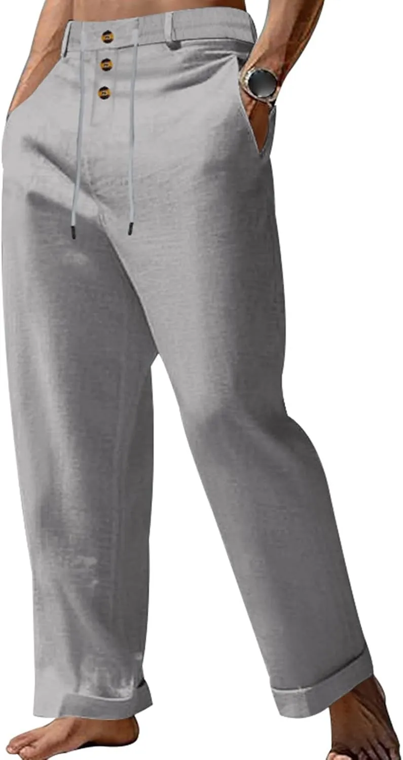 Mens Fashion Straight-Legs Trousers Casual Loose Fit Button Linen Pants Elastic Drawstring Waist Beach Long Pants