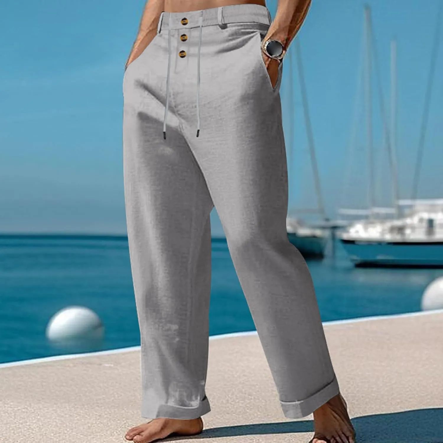 Mens Fashion Straight-Legs Trousers Casual Loose Fit Button Linen Pants Elastic Drawstring Waist Beach Long Pants