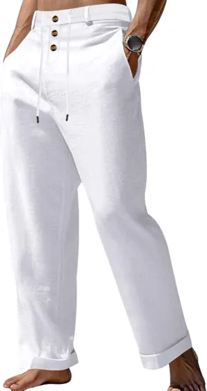 Mens Fashion Straight-Legs Trousers Casual Loose Fit Button Linen Pants Elastic Drawstring Waist Beach Long Pants