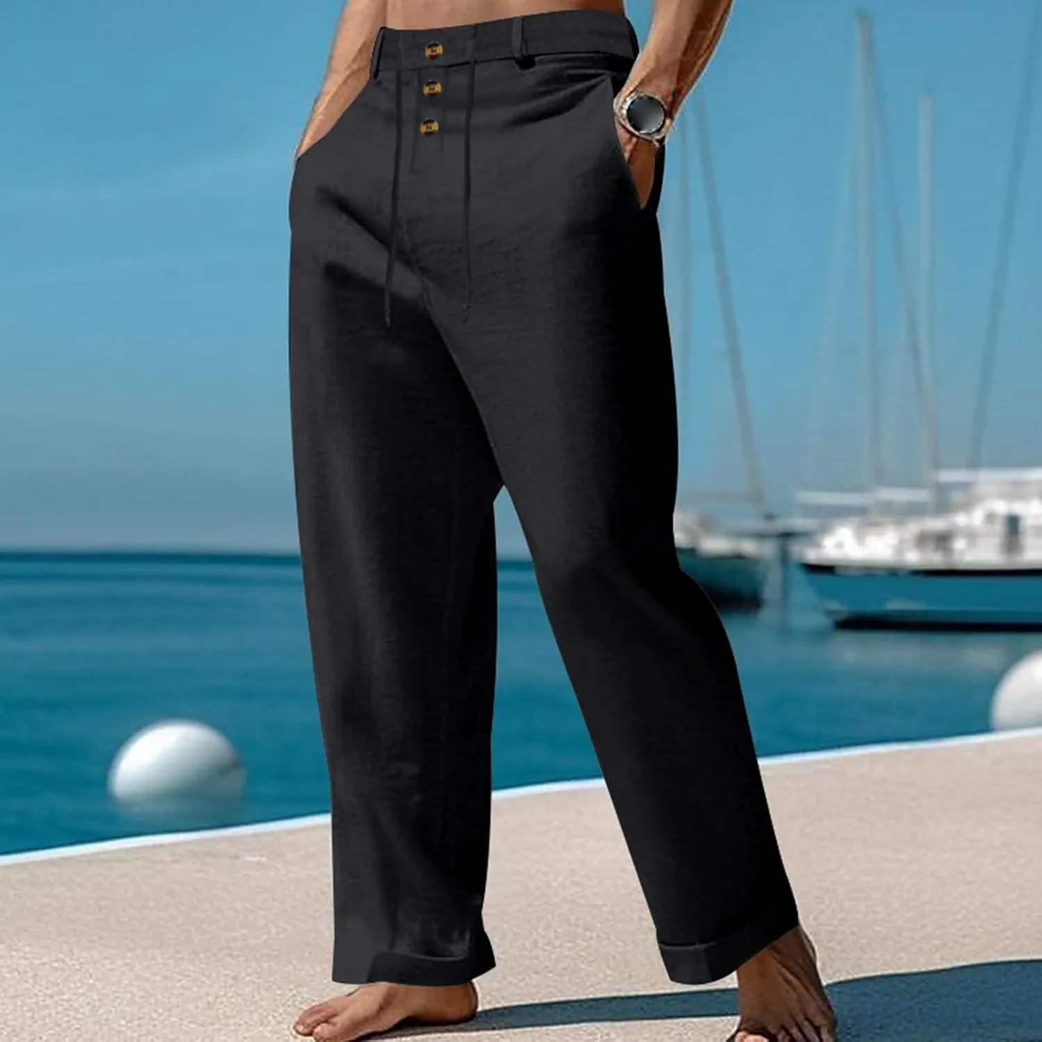 Mens Fashion Straight-Legs Trousers Casual Loose Fit Button Linen Pants Elastic Drawstring Waist Beach Long Pants