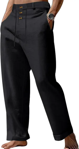 Mens Fashion Straight-Legs Trousers Casual Loose Fit Button Linen Pants Elastic Drawstring Waist Beach Long Pants