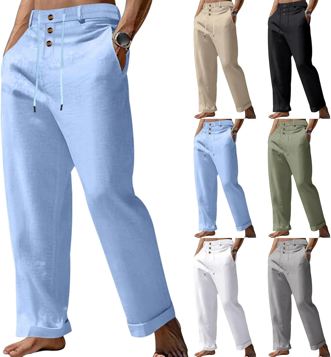 Mens Fashion Straight-Legs Trousers Casual Loose Fit Button Linen Pants Elastic Drawstring Waist Beach Long Pants