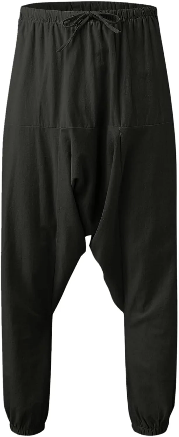 Mens Harem Pants Hip Hop Baggy Jogger Pants Vintage Hippie Drop Crotch Trousers Elastic Waist Comfy Casual Pants