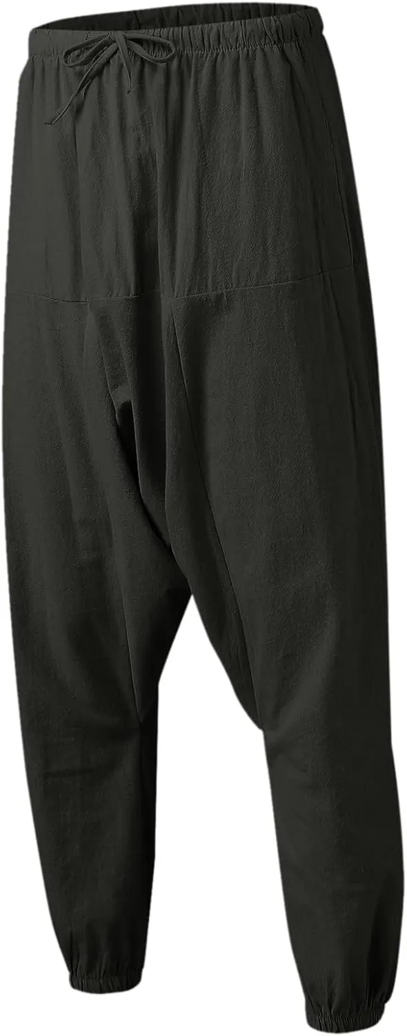 Mens Harem Pants Hip Hop Baggy Jogger Pants Vintage Hippie Drop Crotch Trousers Elastic Waist Comfy Casual Pants
