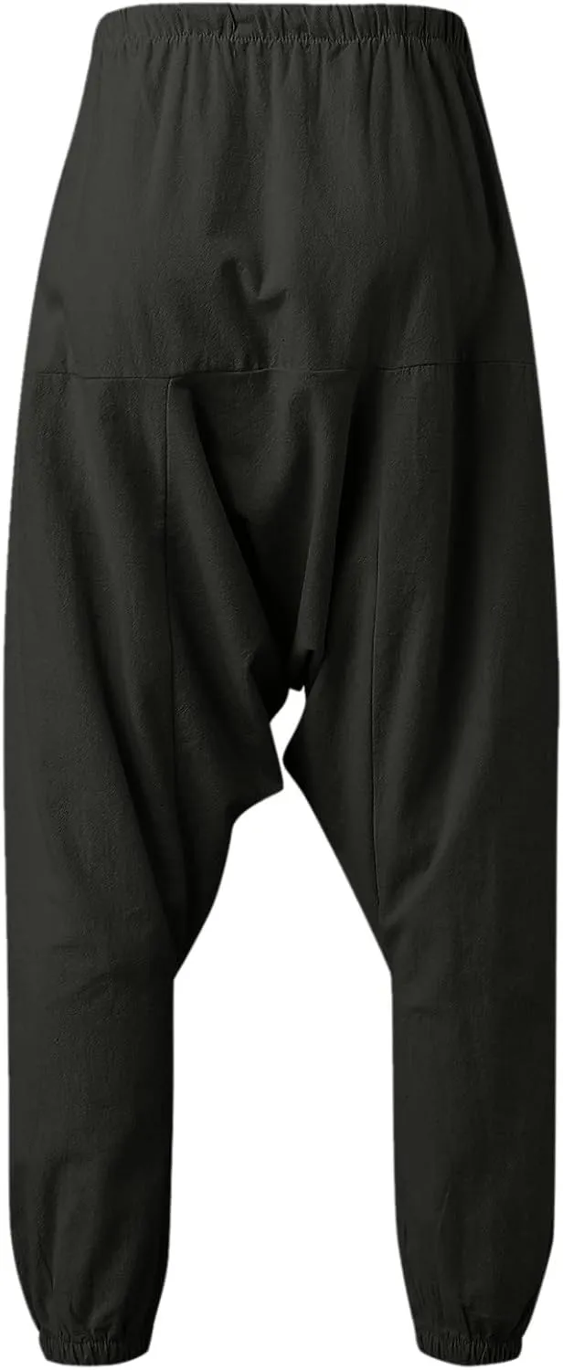 Mens Harem Pants Hip Hop Baggy Jogger Pants Vintage Hippie Drop Crotch Trousers Elastic Waist Comfy Casual Pants