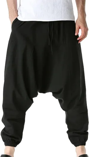 Mens Harem Pants Hip Hop Baggy Jogger Pants Vintage Hippie Drop Crotch Trousers Elastic Waist Comfy Casual Pants