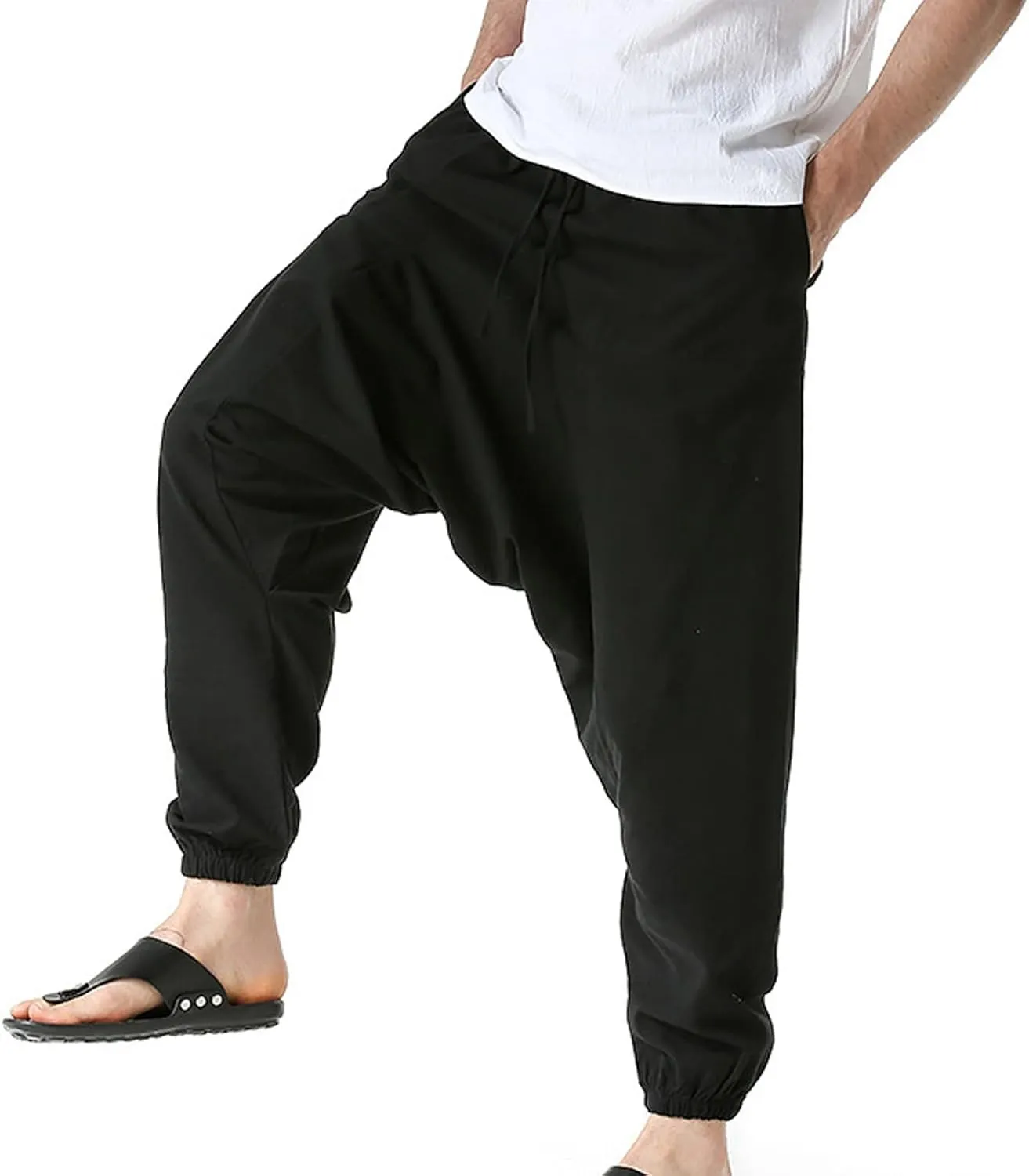 Mens Harem Pants Hip Hop Baggy Jogger Pants Vintage Hippie Drop Crotch Trousers Elastic Waist Comfy Casual Pants