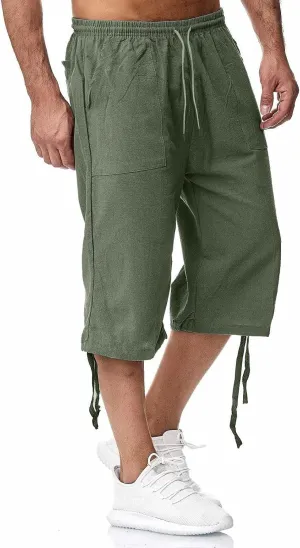 Mens Linen Below Knee Length 3/4 Drawstring Soft Casual Summer Sport Running Lounge Work Capri Shorts Pant