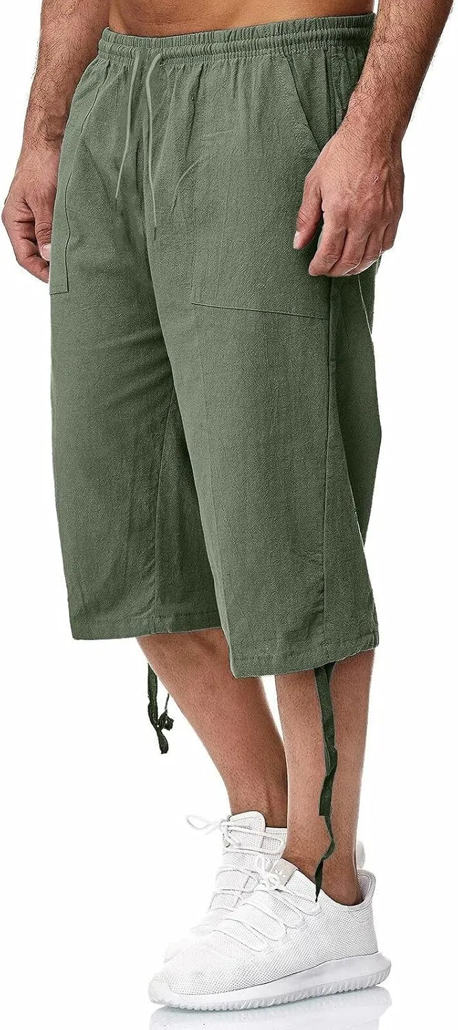 Mens Linen Below Knee Length 3/4 Drawstring Soft Casual Summer Sport Running Lounge Work Capri Shorts Pant