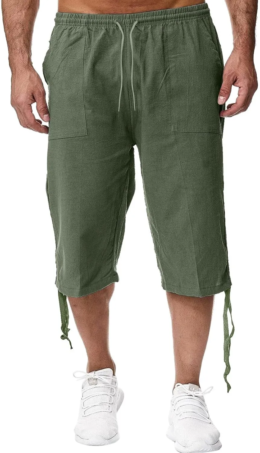 Mens Linen Below Knee Length 3/4 Drawstring Soft Casual Summer Sport Running Lounge Work Capri Shorts Pant