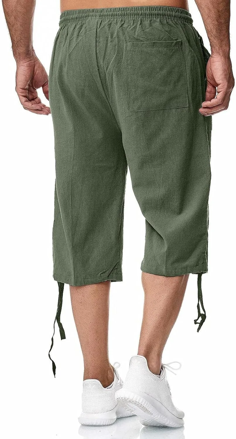 Mens Linen Below Knee Length 3/4 Drawstring Soft Casual Summer Sport Running Lounge Work Capri Shorts Pant