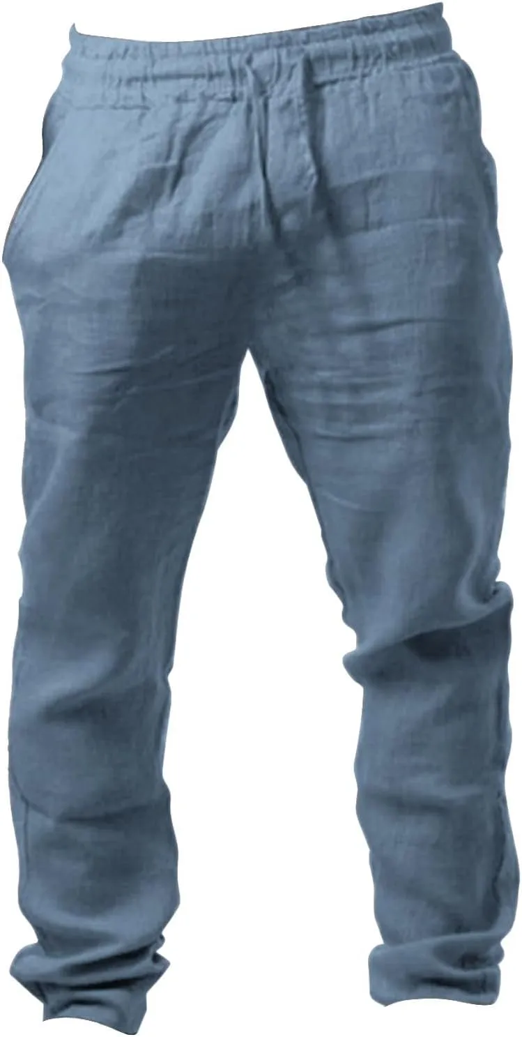 Mens Linen Pants Elastic Wasist Drawstring Lightweight Loose Trousers Summer Casual Pants with Pockets