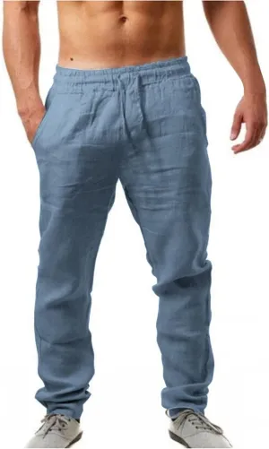 Mens Linen Pants Elastic Wasist Drawstring Lightweight Loose Trousers Summer Casual Pants with Pockets