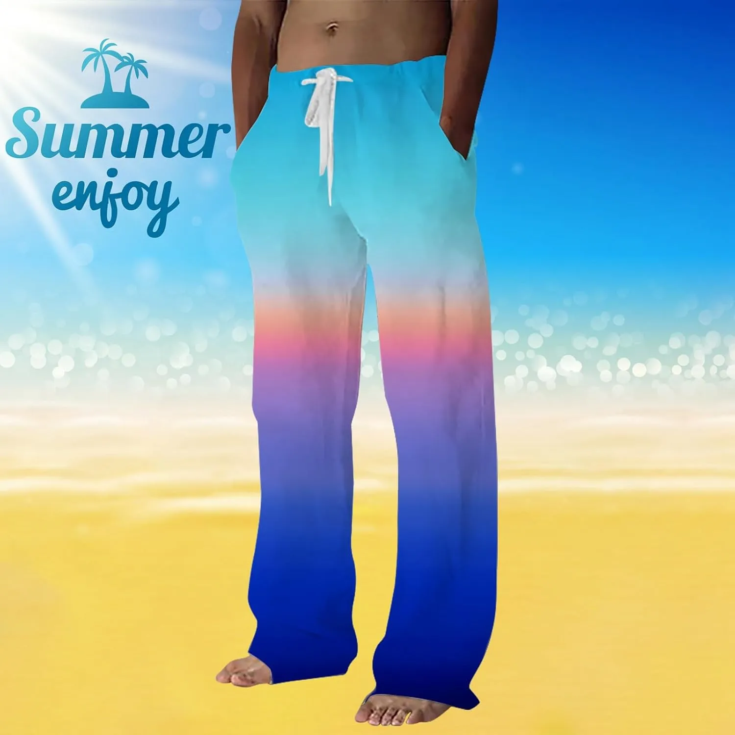 Mens Linen Pants Summer Casual Beach Yoga Pants Elastic Wasist Drawstring Lightweight Loose Trousers with Pockets