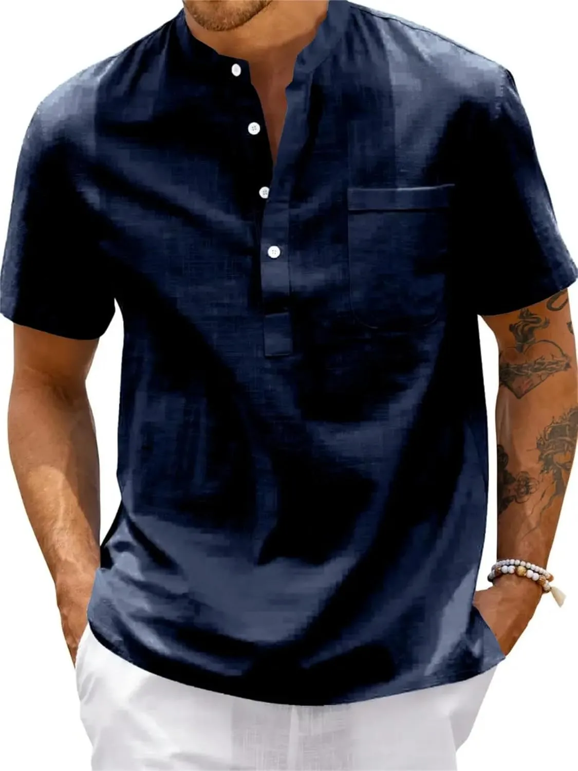 Men's Oversize Solid Color Henley Shirt Band Collar Button Down Short Sleeve Tee Cotton Beach Wear Tops M-4XL