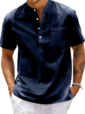 Men's Oversize Solid Color Henley Shirt Band Collar Button Down Short Sleeve Tee Cotton Beach Wear Tops M-4XL