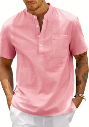 Men's Oversize Solid Color Henley Shirt Band Collar Button Down Short Sleeve Tee Cotton Beach Wear Tops M-4XL