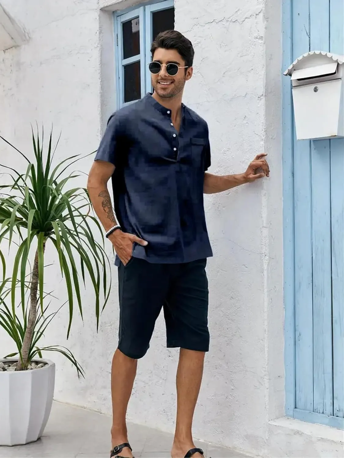 Men's Oversize Solid Color Henley Shirt Band Collar Button Down Short Sleeve Tee Cotton Beach Wear Tops M-4XL
