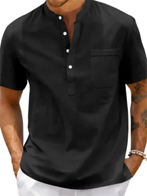 Men's Oversize Solid Color Henley Shirt Band Collar Button Down Short Sleeve Tee Cotton Beach Wear Tops M-4XL