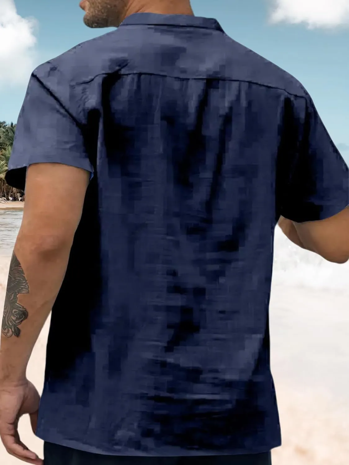 Men's Oversize Solid Color Henley Shirt Band Collar Button Down Short Sleeve Tee Cotton Beach Wear Tops M-4XL