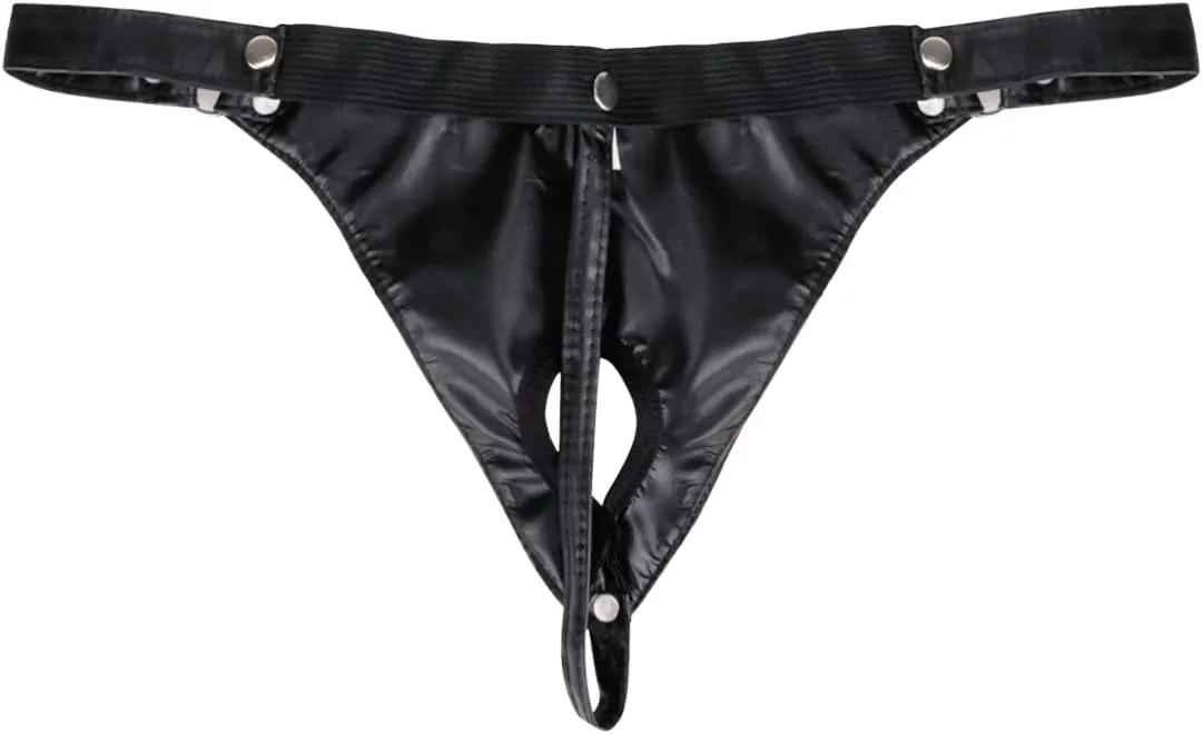 Men's Sexy Wet Look Leather Open Front Hole G-String Thongs Bikini Briefs T Back Underwear