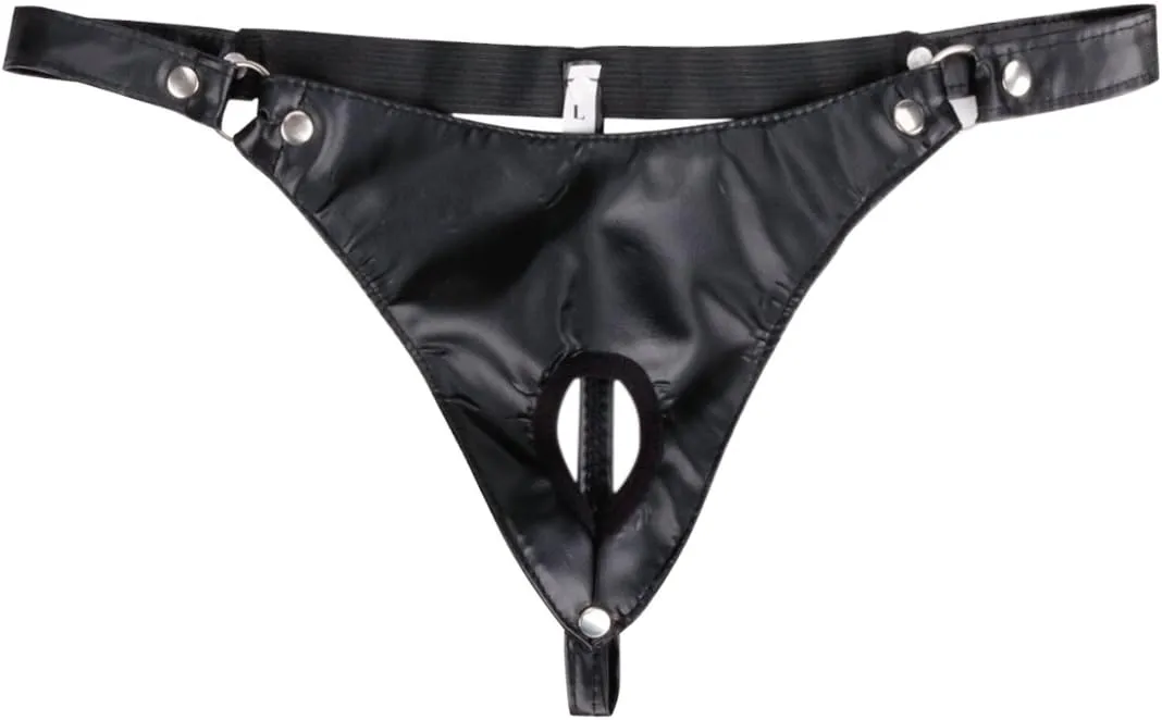 Men's Sexy Wet Look Leather Open Front Hole G-String Thongs Bikini Briefs T Back Underwear