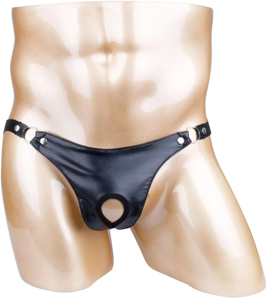 Men's Sexy Wet Look Leather Open Front Hole G-String Thongs Bikini Briefs T Back Underwear
