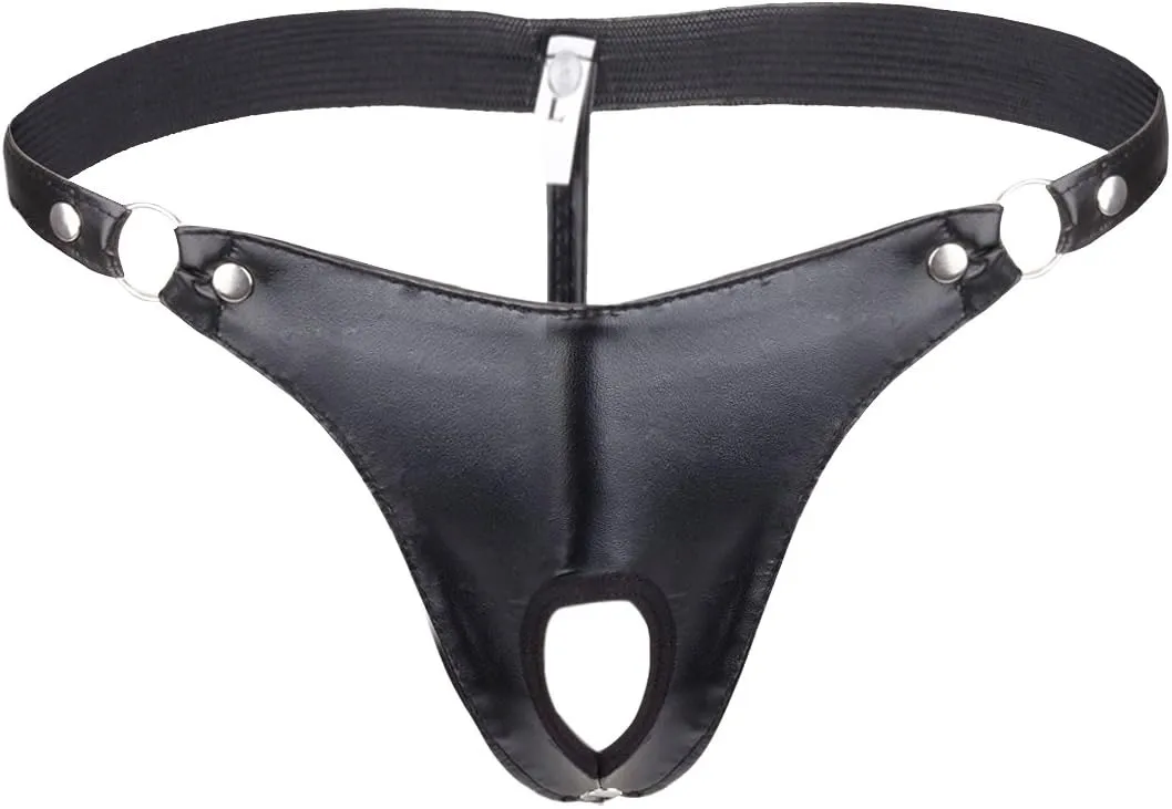 Men's Sexy Wet Look Leather Open Front Hole G-String Thongs Bikini Briefs T Back Underwear