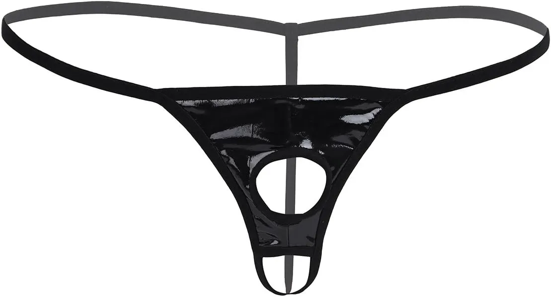 Men's Sexy Wet Look Leather Open Front Hole G-String Thongs Bikini Briefs T Back Underwear