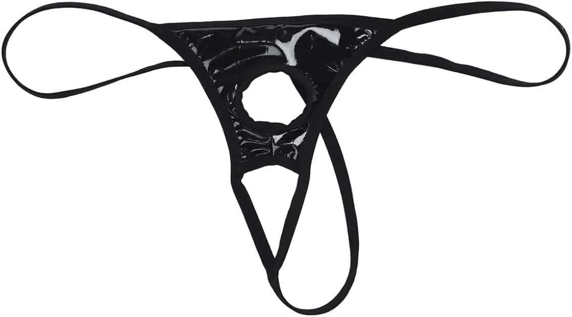 Mens Sexy Wet Look Leather Open Pouch Penis Holes G-String Thongs Bikini Briefs Underwear with Hole