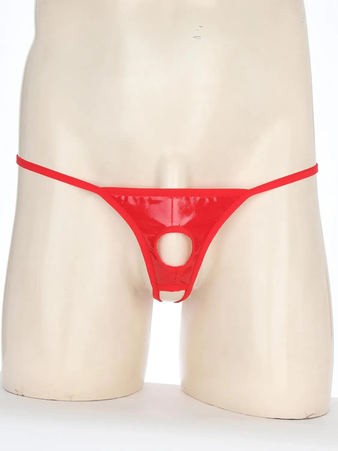 Mens Sexy Wet Look Leather Open Pouch Penis Holes G-String Thongs Bikini Briefs Underwear with Hole