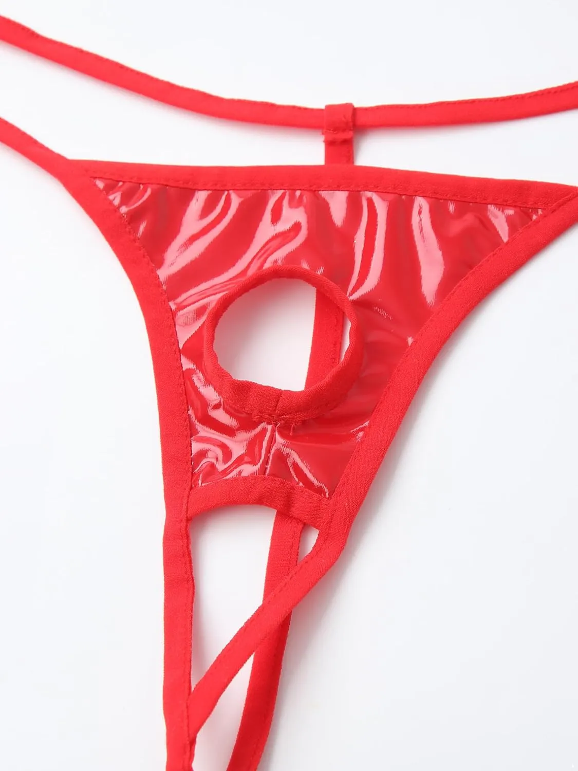 Mens Sexy Wet Look Leather Open Pouch Penis Holes G-String Thongs Bikini Briefs Underwear with Hole