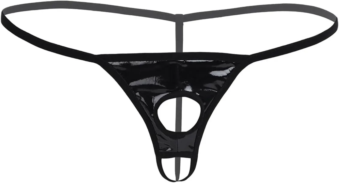 Mens Sexy Wet Look Leather Open Pouch Penis Holes G-String Thongs Bikini Briefs Underwear with Hole