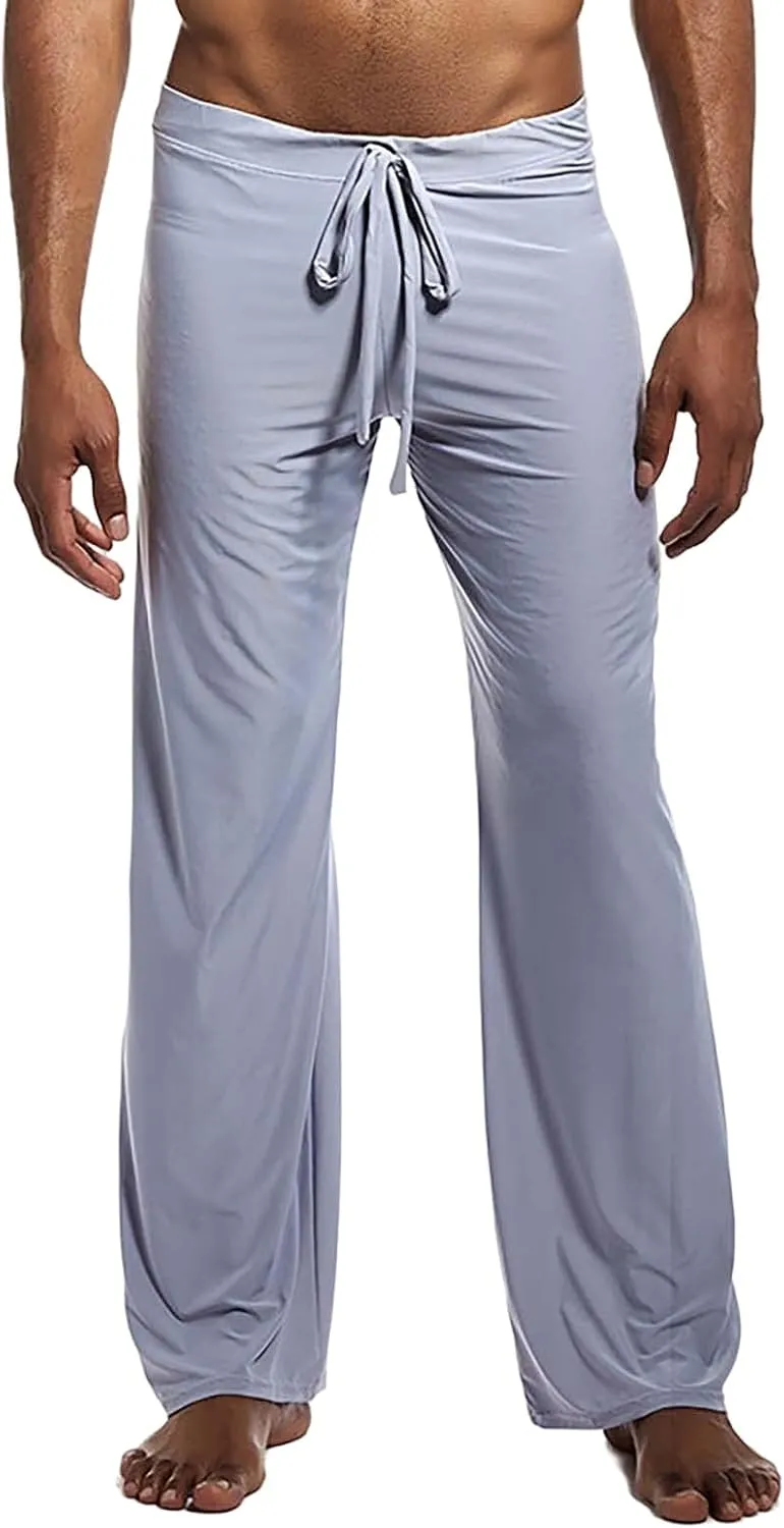 Mens Soft Long Yoga Pajama Sexy Low Rise Elastic Drawstring Lightweight Big Knit Lounge Sleep Bottoms Sweatpants
