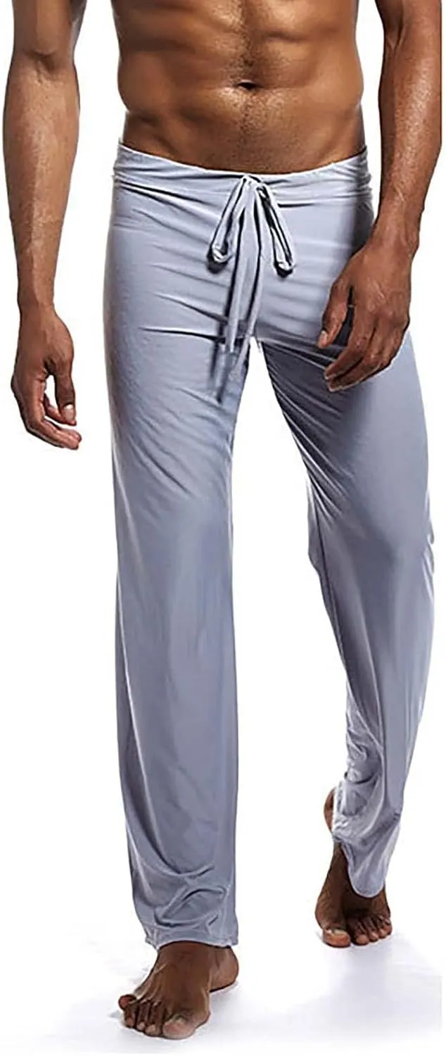 Mens Soft Long Yoga Pajama Sexy Low Rise Elastic Drawstring Lightweight Big Knit Lounge Sleep Bottoms Sweatpants