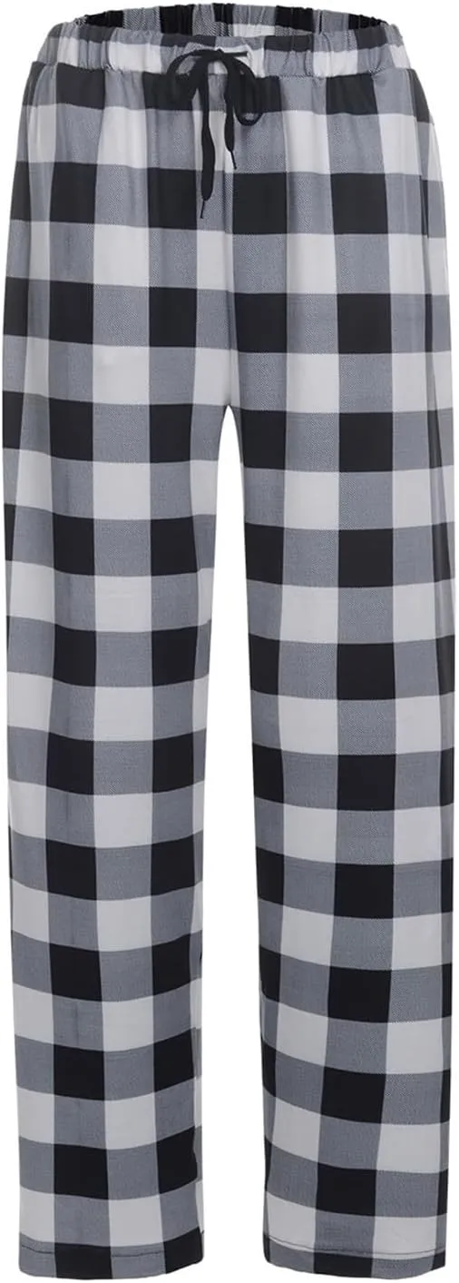 Mens Soft Plaid Long Elastic Waist with 2 Pockets Fleece Sleep Lounge Pajama Bottoms Pants