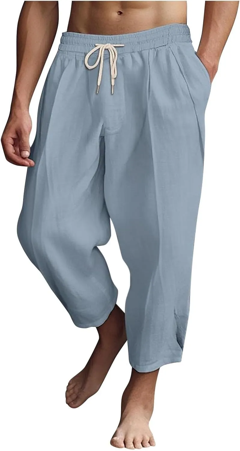 Men's Summer Beach Pants Elastic Waist Joggers Regular Fit Solid Color Pant Summer Long Trousers with Pockets
