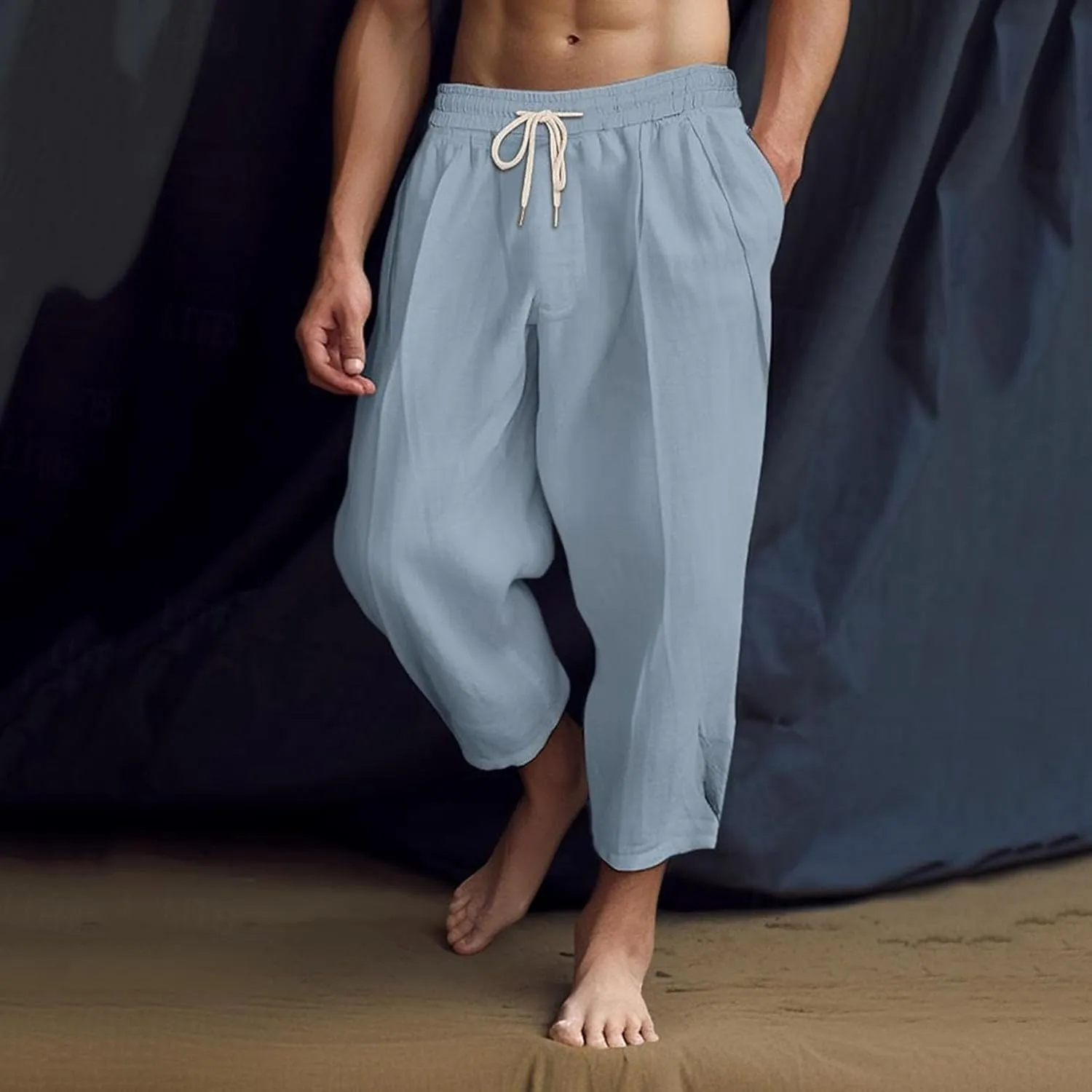 Men's Summer Beach Pants Elastic Waist Joggers Regular Fit Solid Color Pant Summer Long Trousers with Pockets