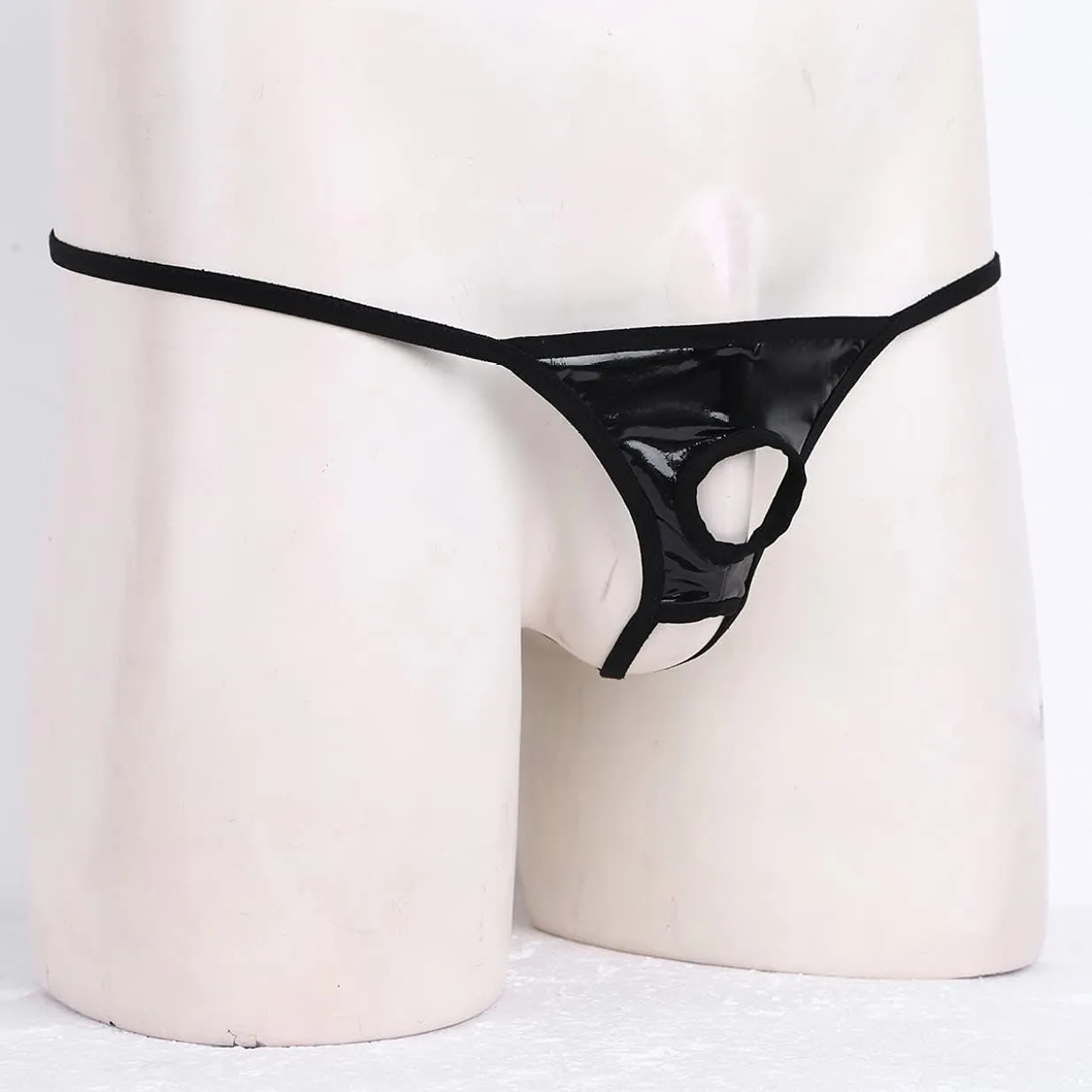 Mens Wet Look Patent Leather Micro G-String Briefs Lingerie Open Butt T-Back Underwear with Holes