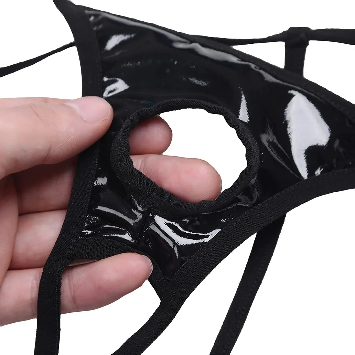 Mens Wet Look Patent Leather Micro G-String Briefs Lingerie Open Butt T-Back Underwear with Holes