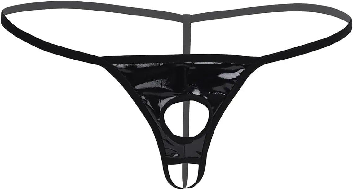 Mens Wet Look Patent Leather Micro G-String Briefs Lingerie Open Butt T-Back Underwear with Holes