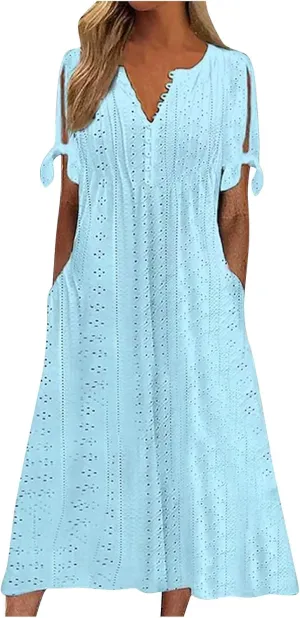 Midi Dresses for Women Wedding Guest Sexy V Neck Cold Shoulder Trendy Plus Size Button Up Short Sleeve Summer Dress