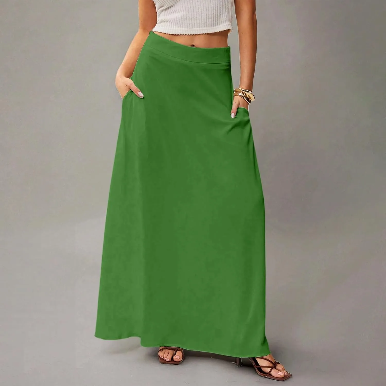 Midi Skirts for Women High Waisted Pleated A-Line Summer Swing Long Work Office with Pockets