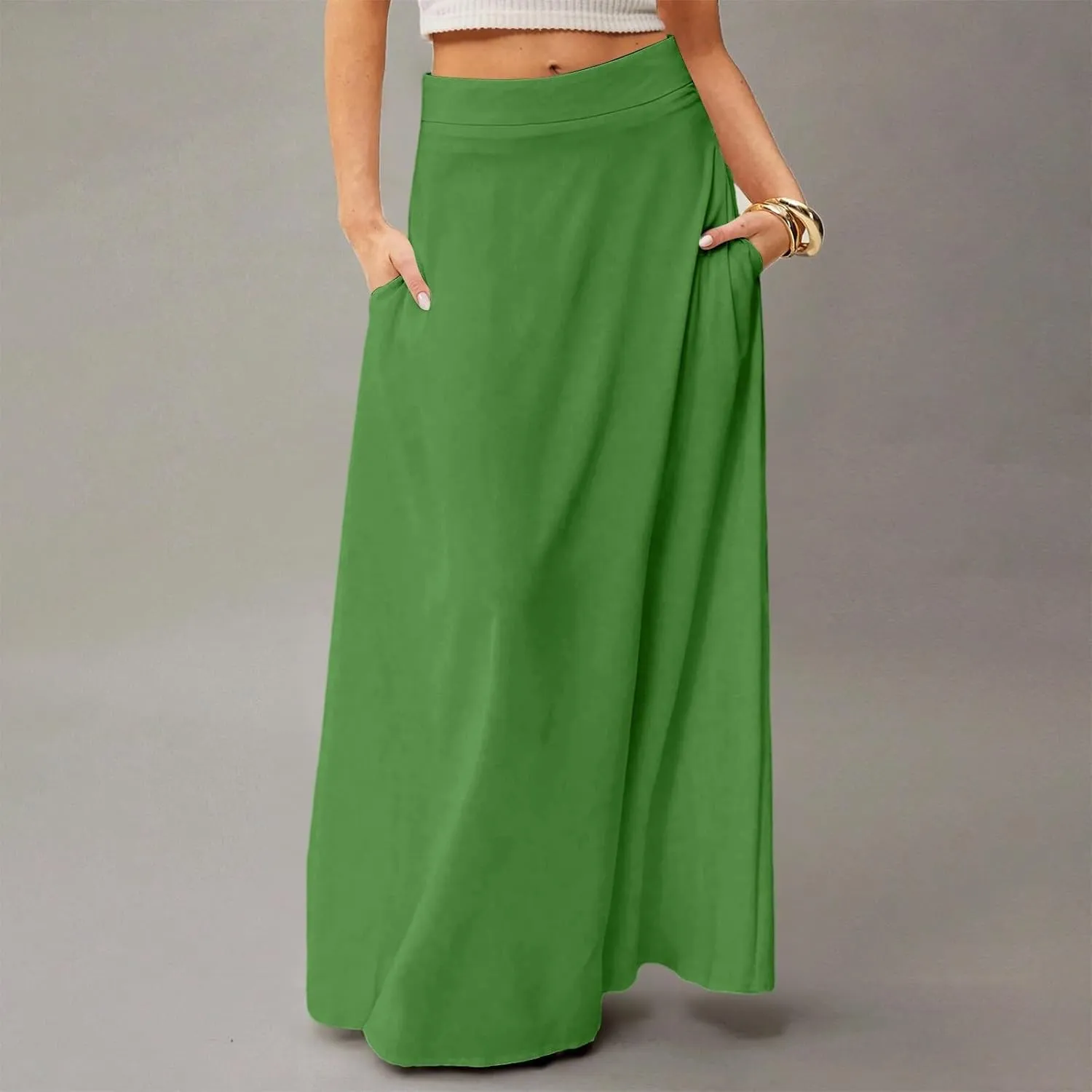 Midi Skirts for Women High Waisted Pleated A-Line Summer Swing Long Work Office with Pockets