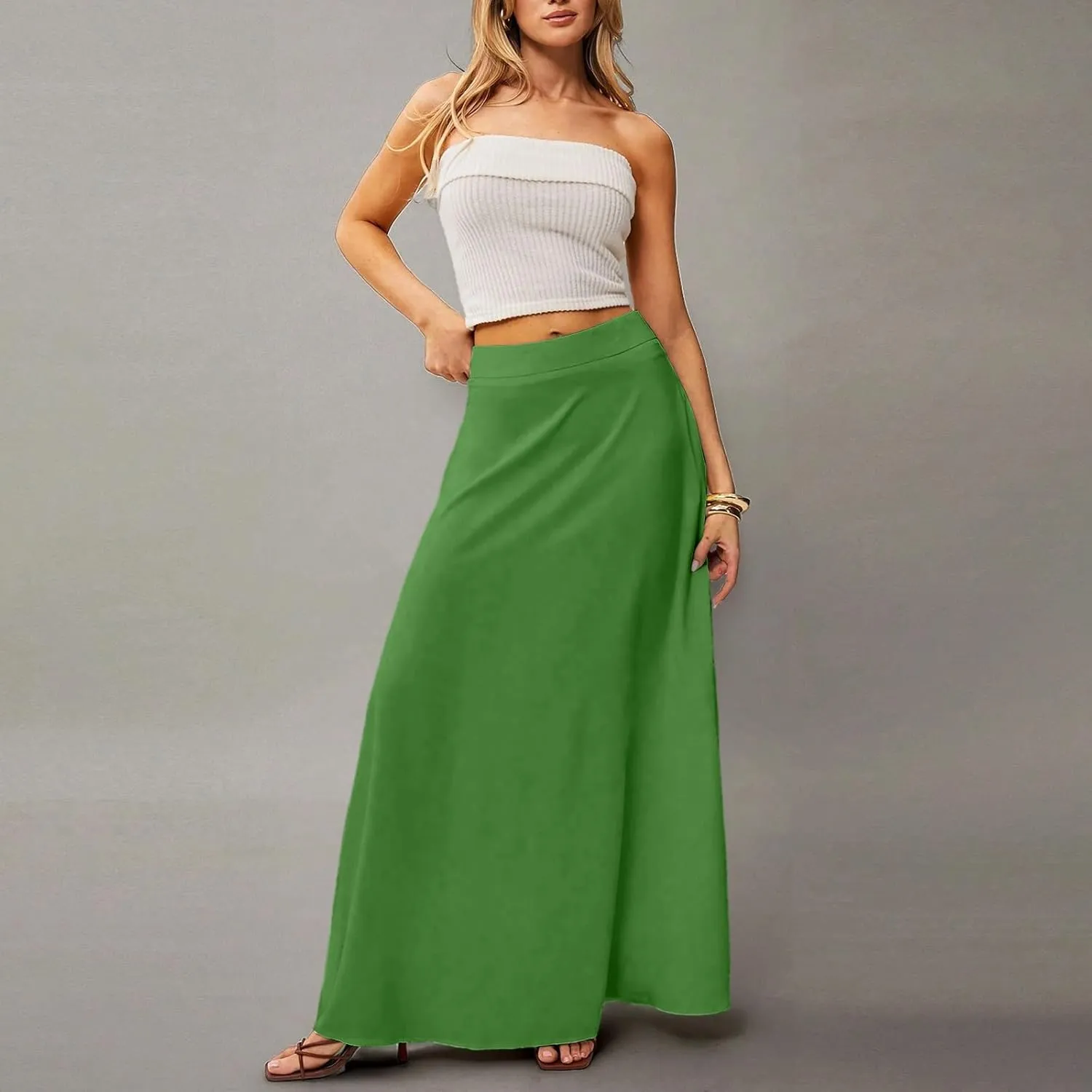 Midi Skirts for Women High Waisted Pleated A-Line Summer Swing Long Work Office with Pockets