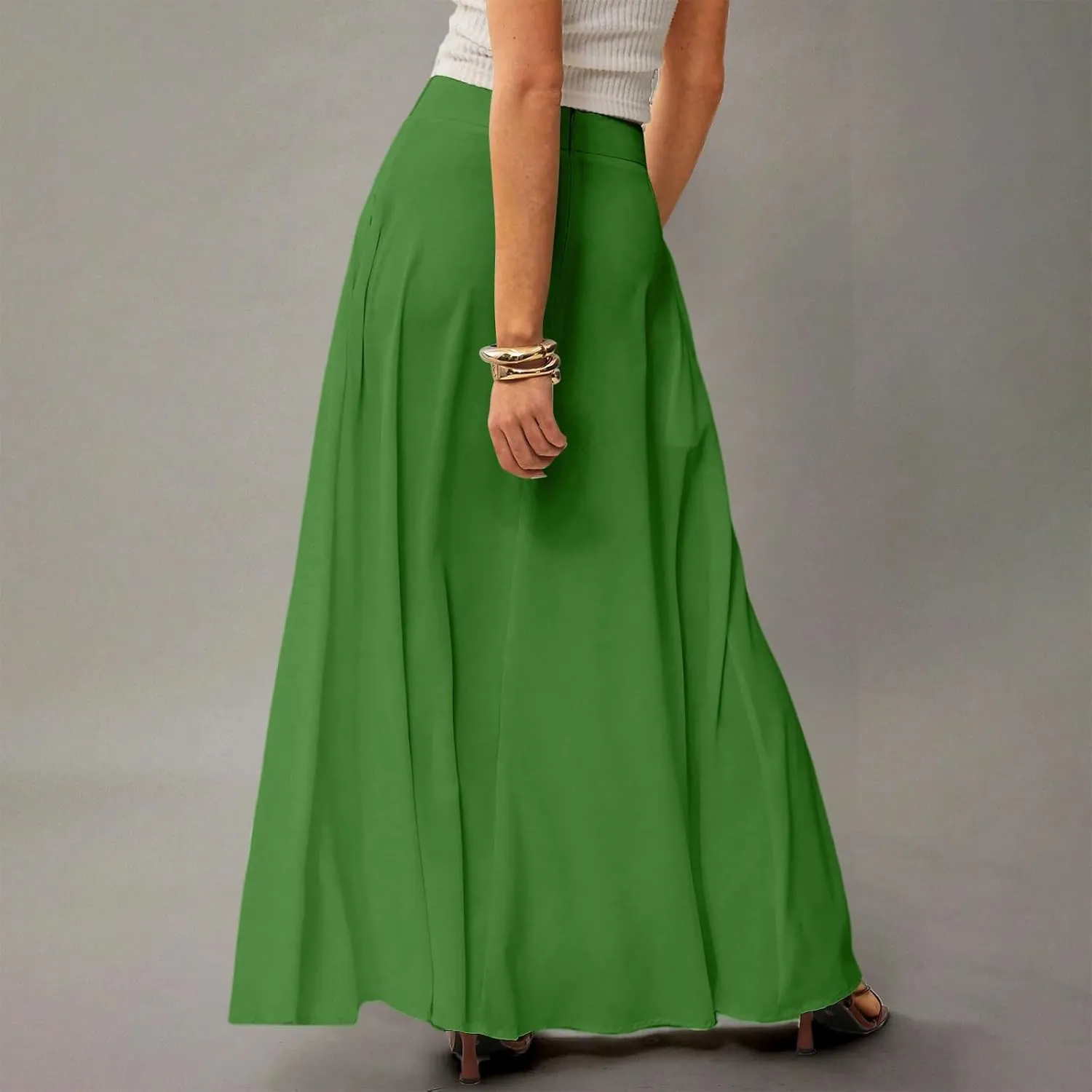 Midi Skirts for Women High Waisted Pleated A-Line Summer Swing Long Work Office with Pockets