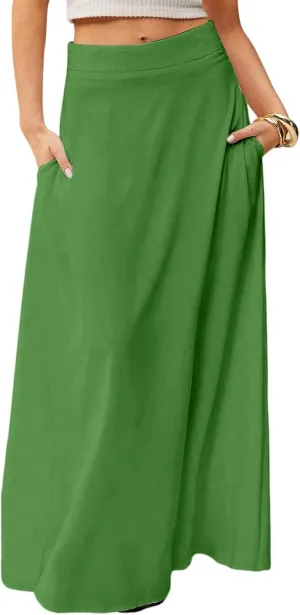 Midi Skirts for Women High Waisted Pleated A-Line Summer Swing Long Work Office with Pockets