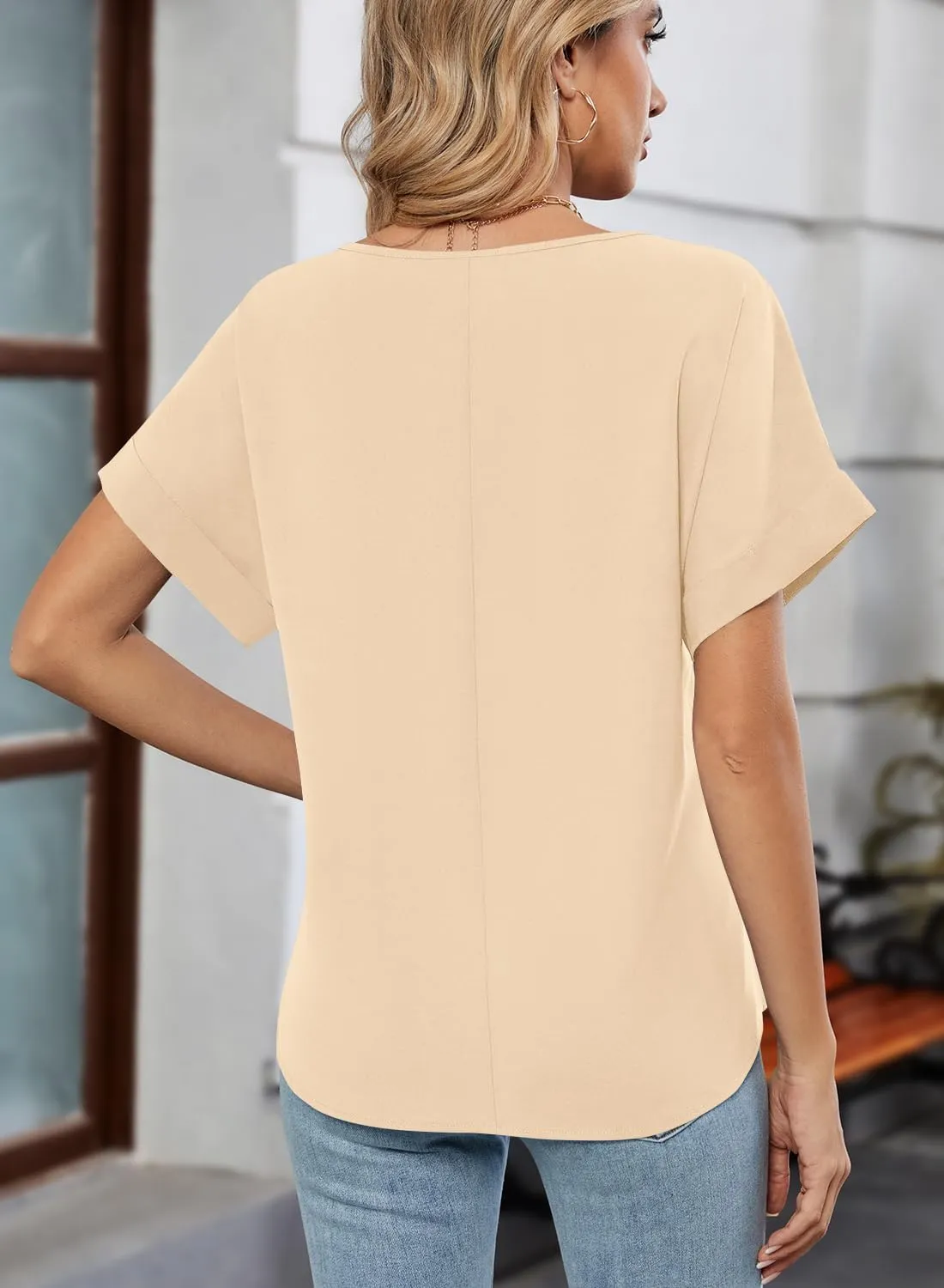 MIHOLL Womens Tops Dressy Casual Short Sleeve Solid Color Chiffon Blouses Summer Basic T Shirts