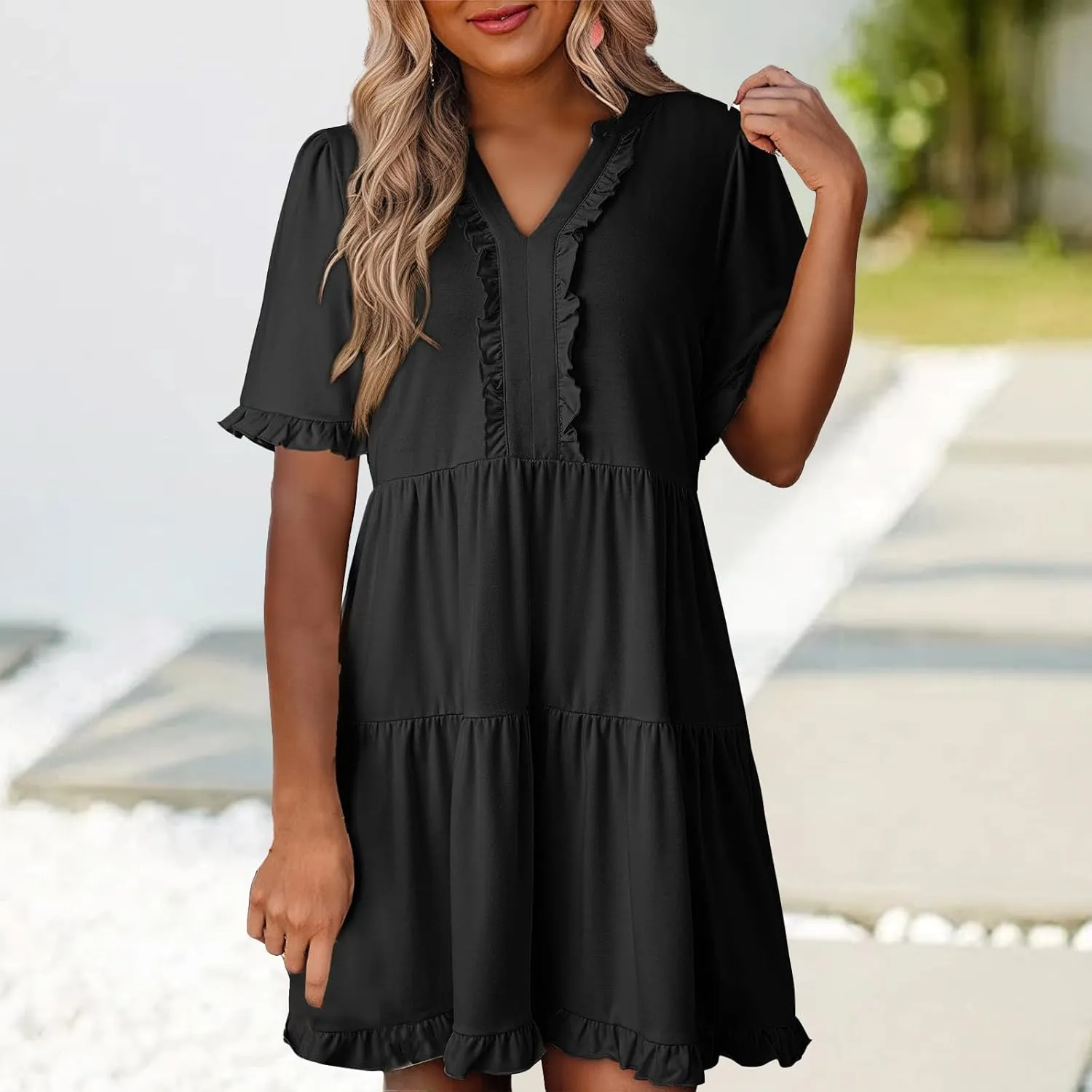 Mini Dresses for Women Summer Casual V Neck Dress Short Sleeve A Line Flowy Swing Shift Dress Plus Size Sundress
