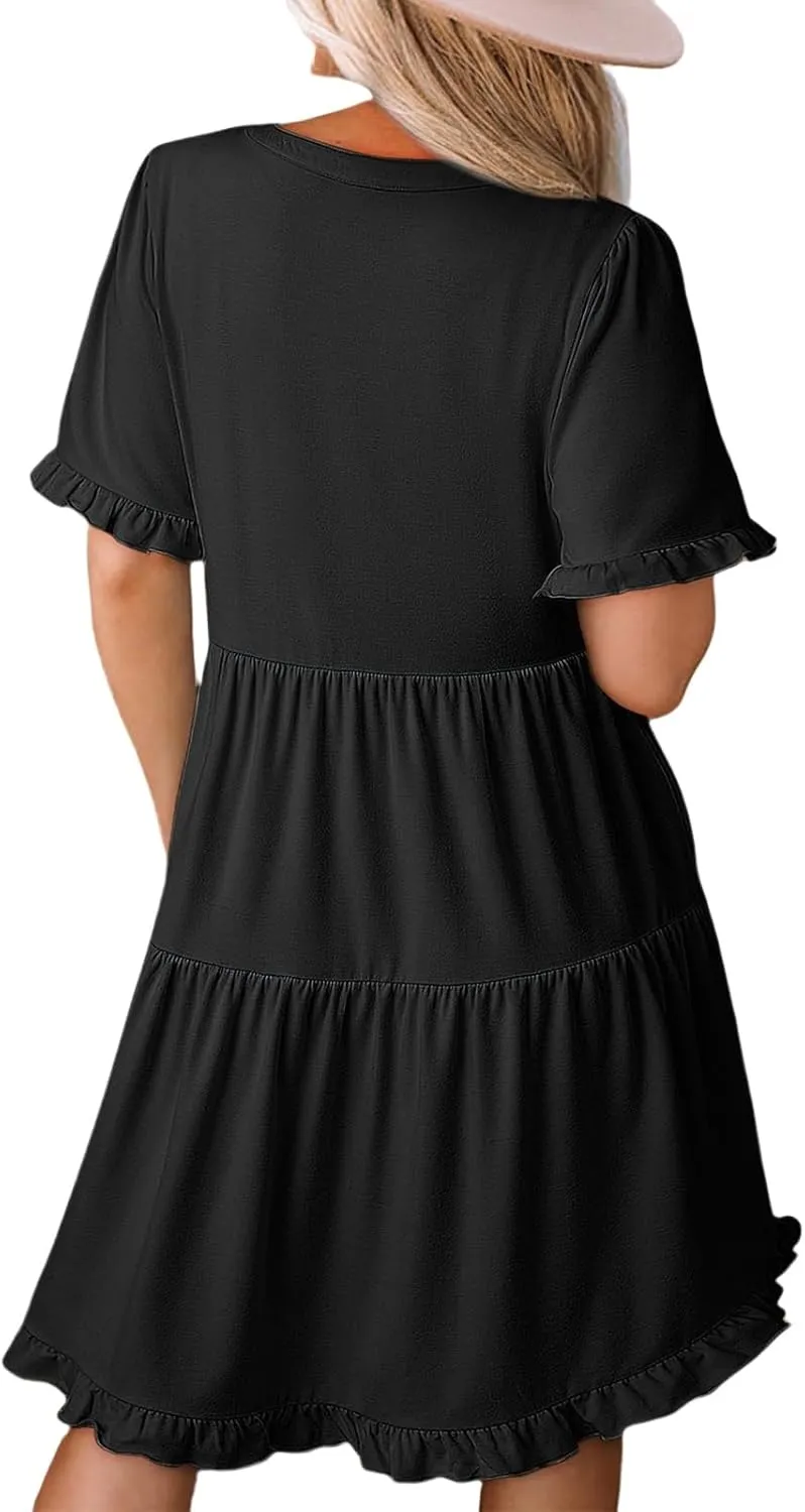Mini Dresses for Women Summer Casual V Neck Dress Short Sleeve A Line Flowy Swing Shift Dress Plus Size Sundress